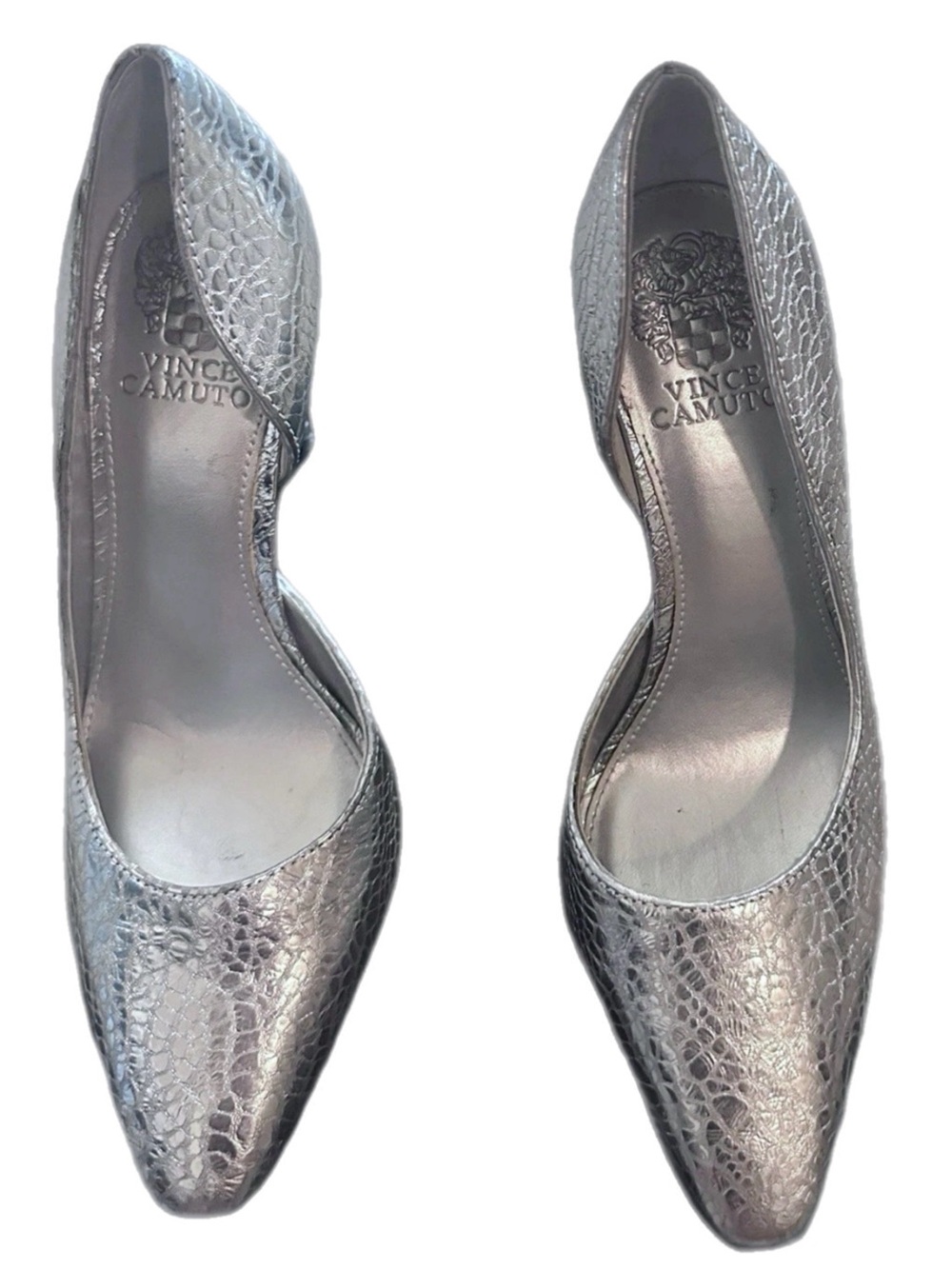 Vince Camuto Silver Croc-Embossed D'Orsay Pointed-Toe Heels